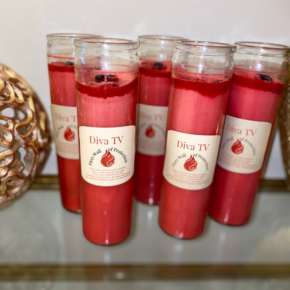 Protection Candles “Fiery Wall of Protection” with Black Obsidian Crystals